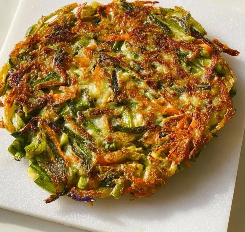 Plate of vegan vegetable pancakes topped with fresh herbs and served with dipping sauce