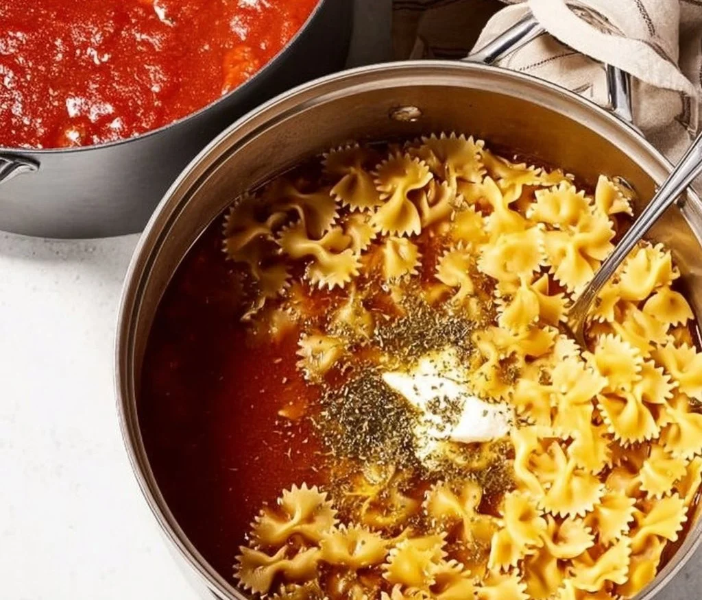 Bowl of delicious vegetarian lasagna soup topped with cheese and fresh herbs.