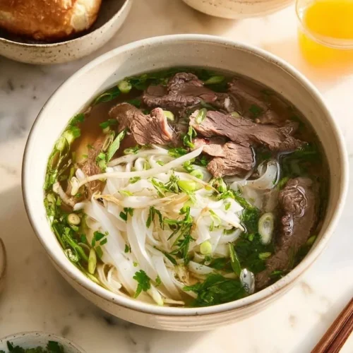 Bowl of Vietnamese beef pho noodle soup with fresh herbs and spices