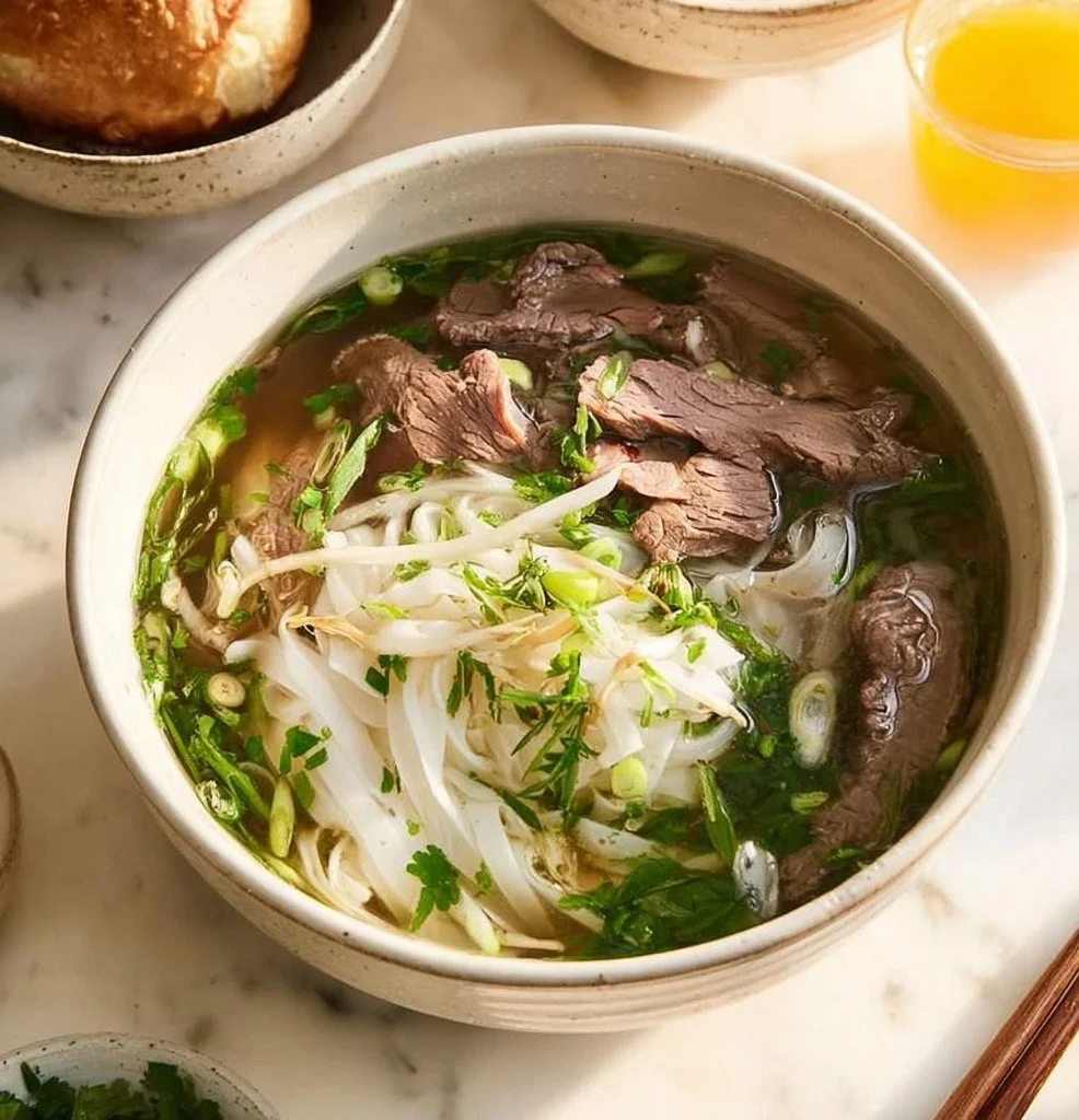 Bowl of Vietnamese beef pho noodle soup with fresh herbs and spices