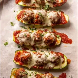 Zucchini Meatball Subs topped with melted cheese and fresh herbs on a toasted bun
