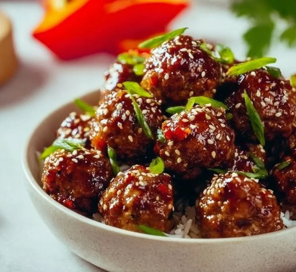 Delicious Asian meatballs served with dipping sauce on a platter.