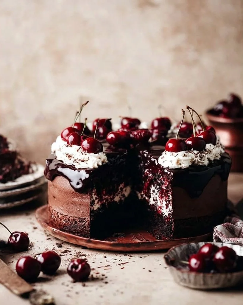 Decadent Black Forest Cheesecake with chocolate layers and cherry topping