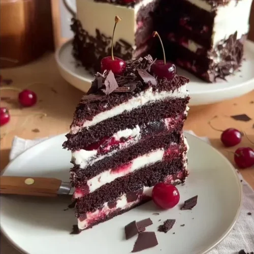 Black Forest Cherry Ice Cream Cake with chocolate and cherry layers