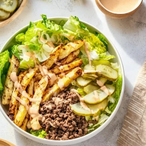 Delicious and colorful burger bowls with fresh ingredients and toppings