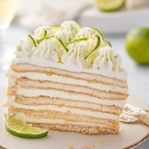 Slice of Carlota of Lime Mexican Icebox Cake on a white plate