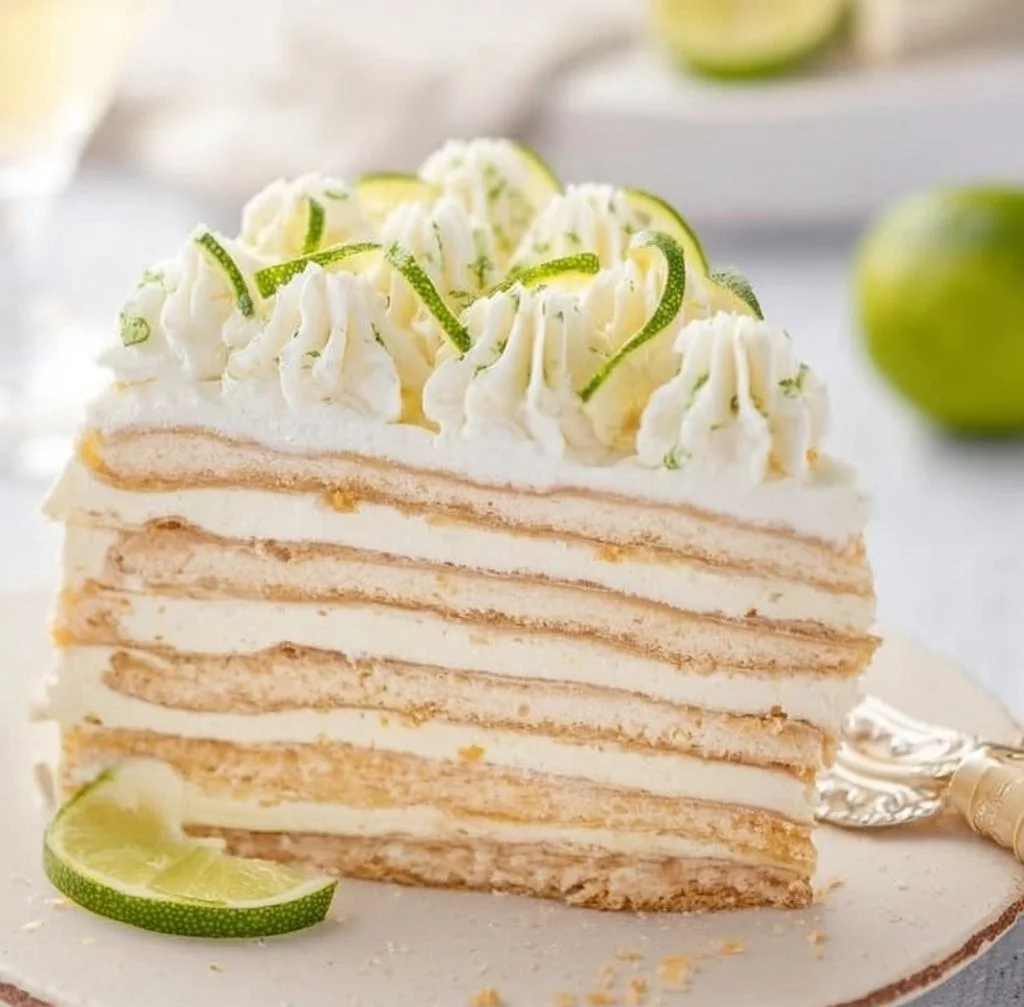 Slice of Carlota of Lime Mexican Icebox Cake on a white plate