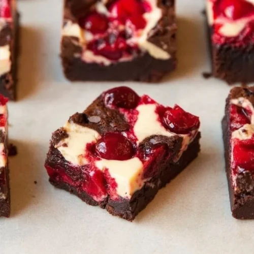 Delicious Cherry Cheesecake Brownies topped with fresh cherries
