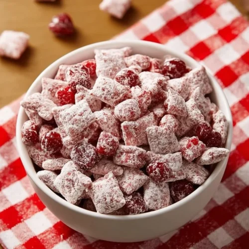 Cherry Cheesecake Puppy Chow dessert in a bowl with cherries and cereal.