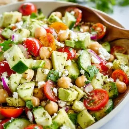 Colorful chickpea salad with vegetables and herbs in a bowl