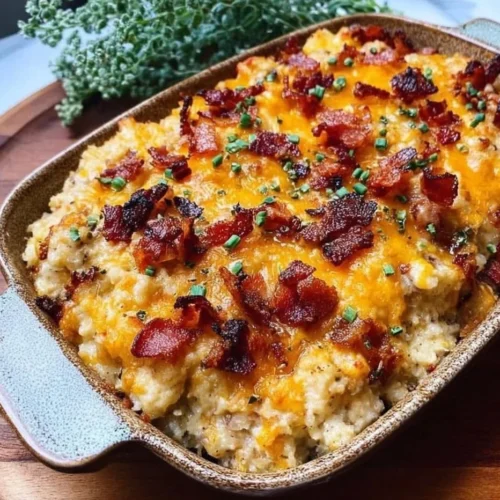 Cozy Keto Beef Casserole topped with cheese and herbs in a baking dish