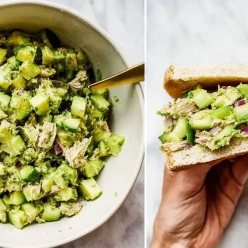 Creamy avocado tuna salad served in a bowl, garnished with herbs.
