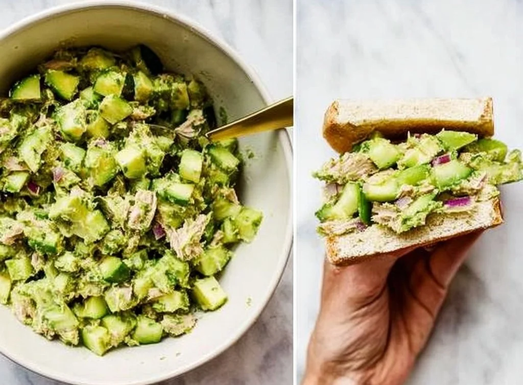 Creamy avocado tuna salad served in a bowl, garnished with herbs.