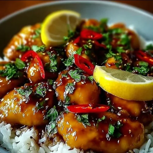 Crockpot Chinese Lemon Chicken with vibrant lemon slices and herbs