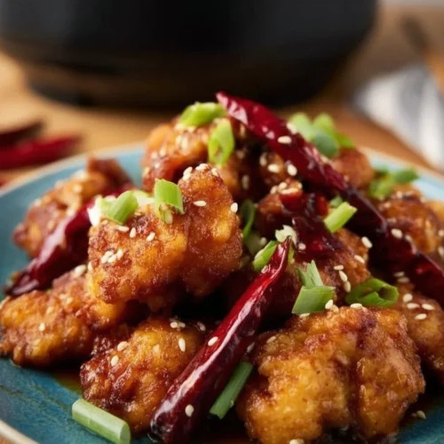 Crockpot General Tso's Chicken served with rice and vegetables