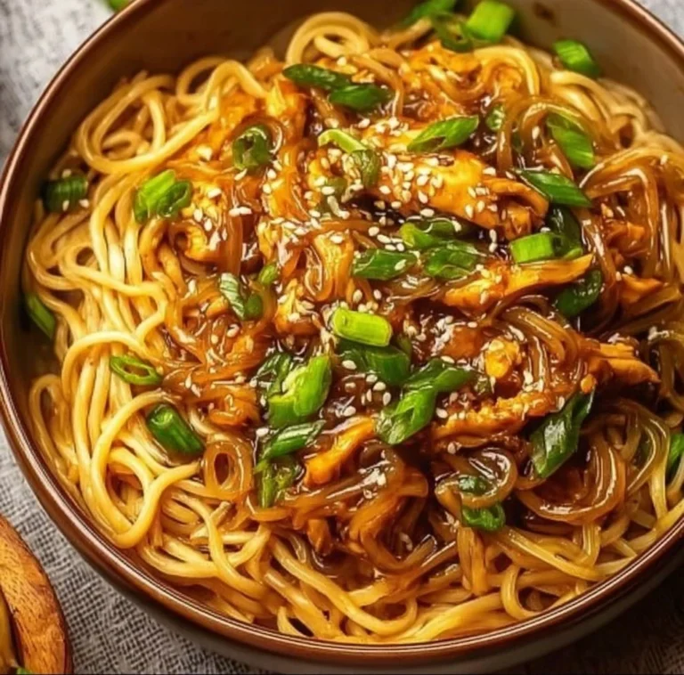 Crockpot Sticky Garlic Chicken Noodles