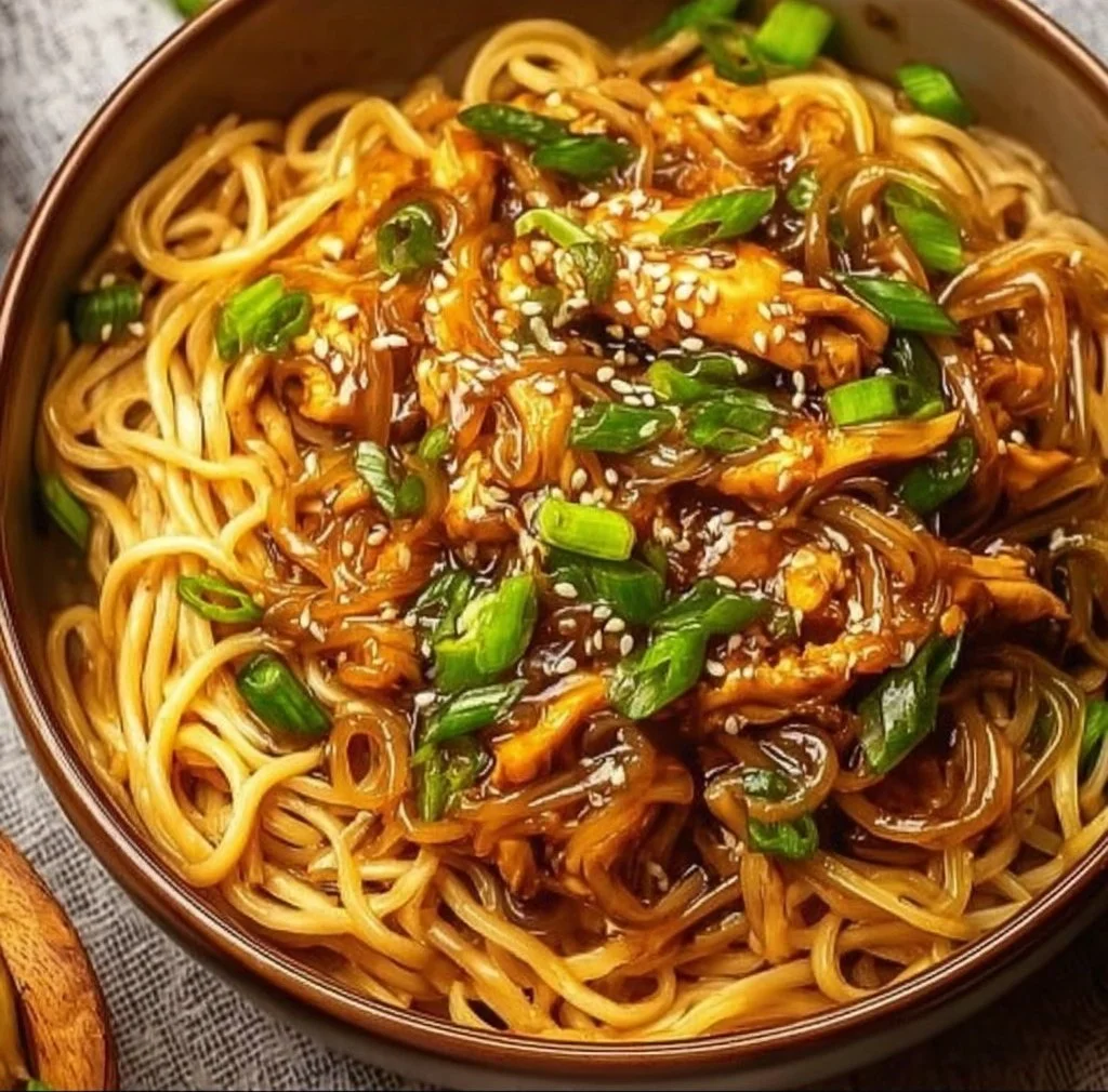 Crockpot Sticky Garlic Chicken Noodles served in a bowl