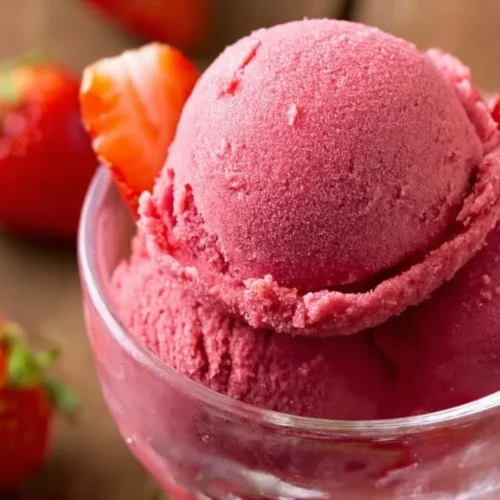 Easy 3-ingredient strawberry sorbet served in a bowl