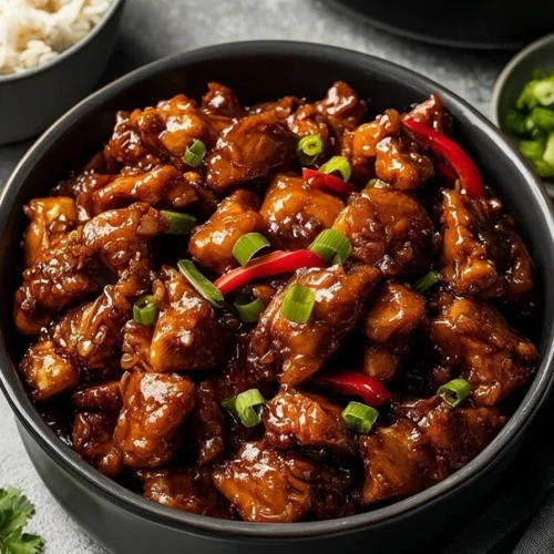 Delicious Crockpot General Tso's Chicken served with rice and vegetables