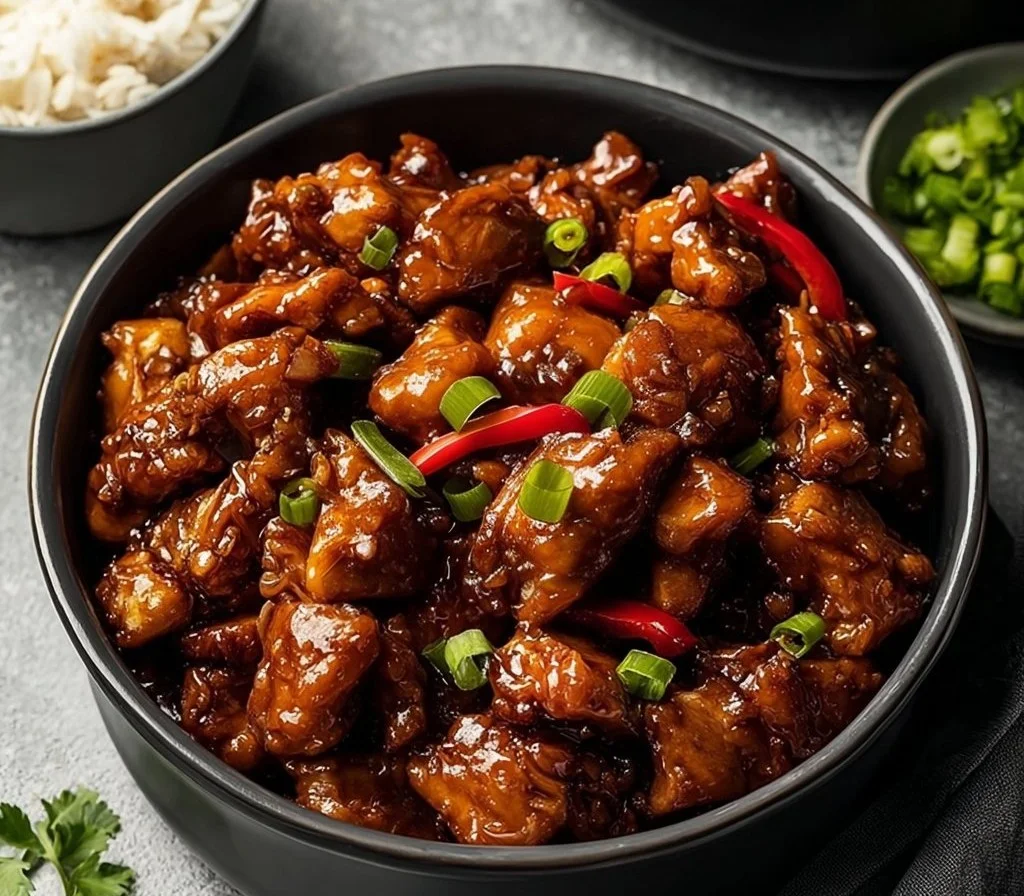 Delicious Crockpot General Tso's Chicken served with rice and vegetables