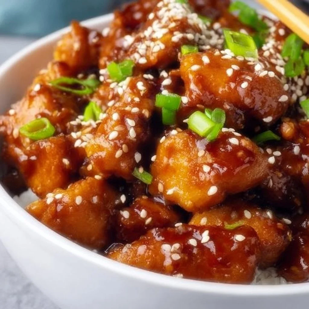 Delicious General Tso Chicken served with steamed rice and broccoli.
