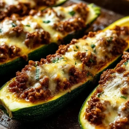 Ground beef zucchini boats topped with cheese and herbs, ready to serve.