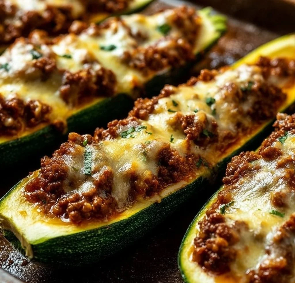 Ground beef zucchini boats topped with cheese and herbs, ready to serve.