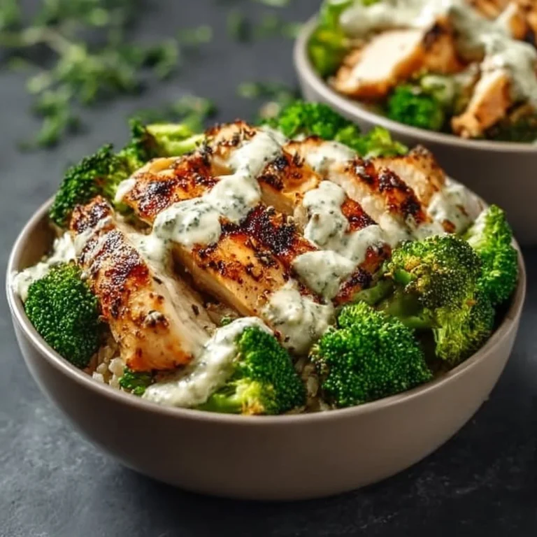 Healthy Grilled Chicken Broccoli Bowls with Creamy Garlic Sauce