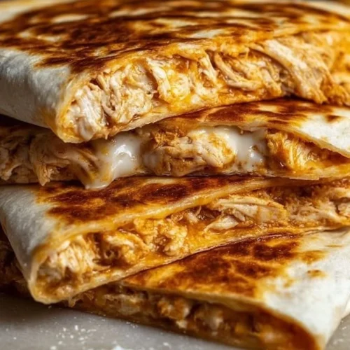 High-protein chicken ranch quesadilla with melted cheese and colorful vegetables