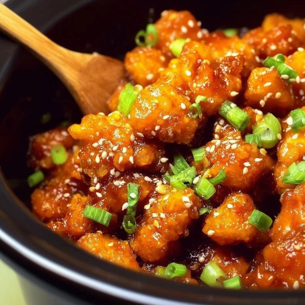 Delicious crockpot orange chicken served with rice and garnished with green onions.