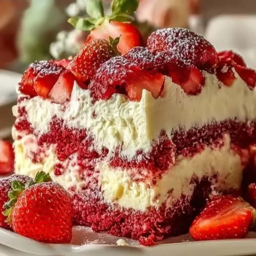 Irresistible strawberry earthquake cake with rich frosting and fresh strawberries