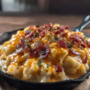 Keto Cauliflower Mac and Cheese with Turkey bacon served in a bowl