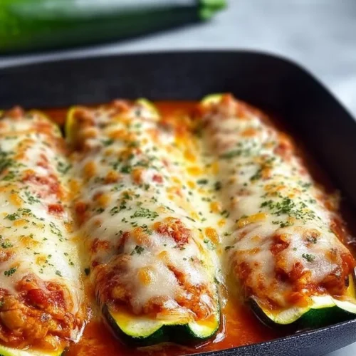 Keto Chicken Parmesan Zucchini Boats served on a plate garnished with herbs
