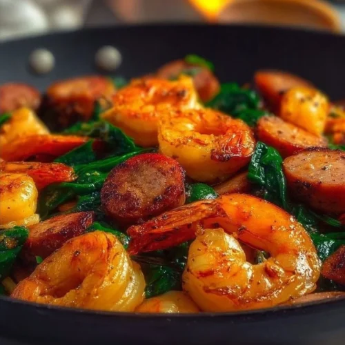 Keto Shrimp and Sausage Skillet dish served in a pan, showcasing vibrant colors and texture.
