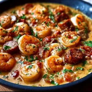Keto spicy shrimp and sausage skillet dish served in a pan