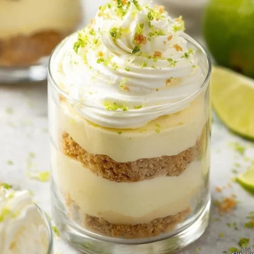 Layered Key Lime Cheesecake Parfaits with graham cracker crust and lime zest
