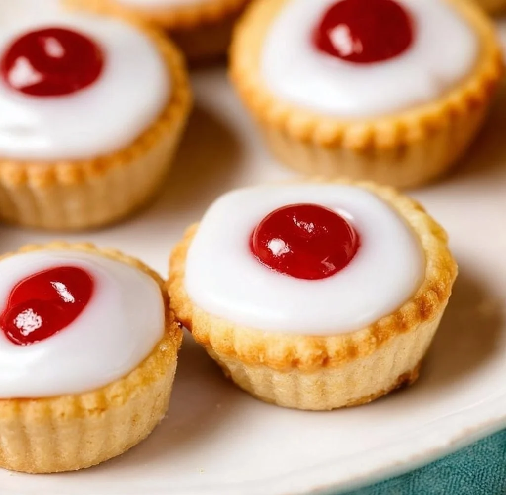 Mini Cherry Bakewell Tarts topped with icing and cherries.