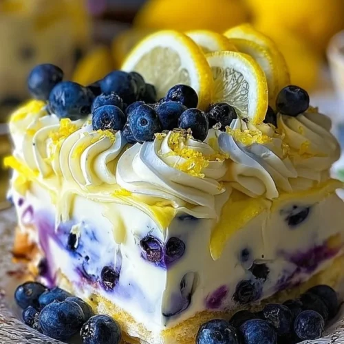 No-bake lemon blueberry cream cake with fresh blueberries and lemon zest.