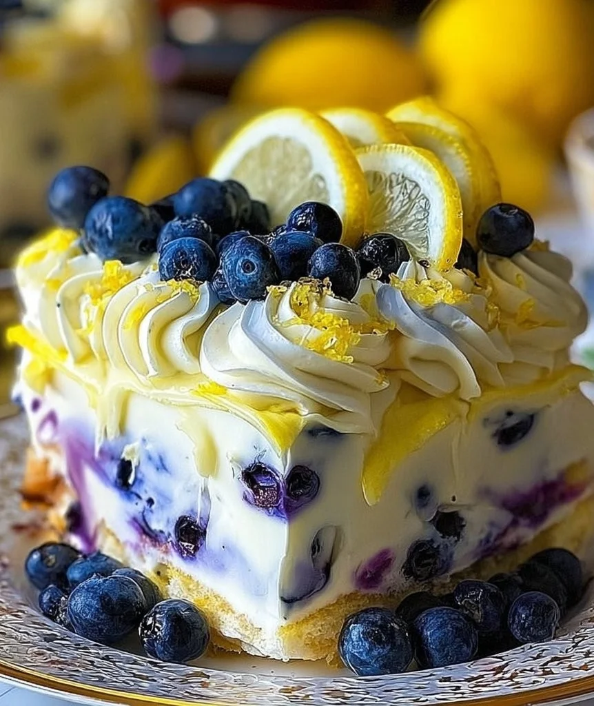 No-bake lemon blueberry cream cake with fresh blueberries and lemon zest.