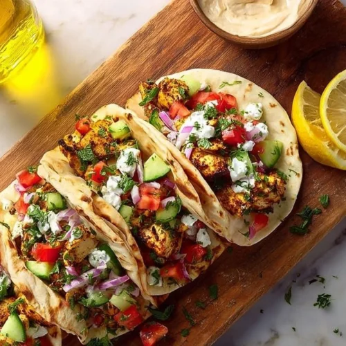 Delicious quick Mediterranean chicken tacos topped with fresh vegetables.