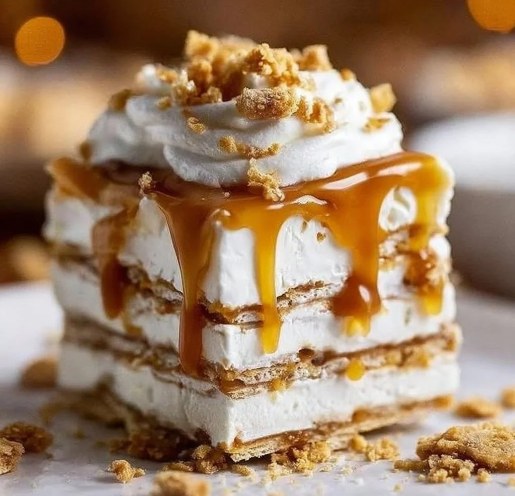Ritz Cracker Salted Caramel Icebox Cake dessert with layers of cream and caramel.