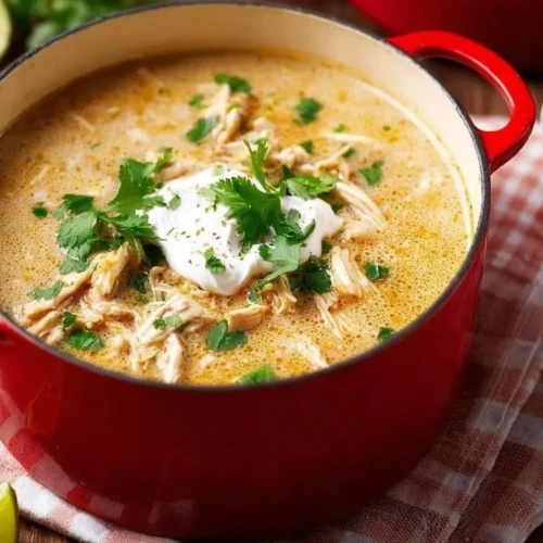 Bowl of Simple Keto White Chicken Chili topped with fresh herbs