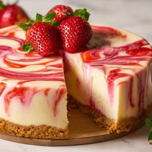 Delicious strawberry swirl cheesecake slice topped with fresh strawberries