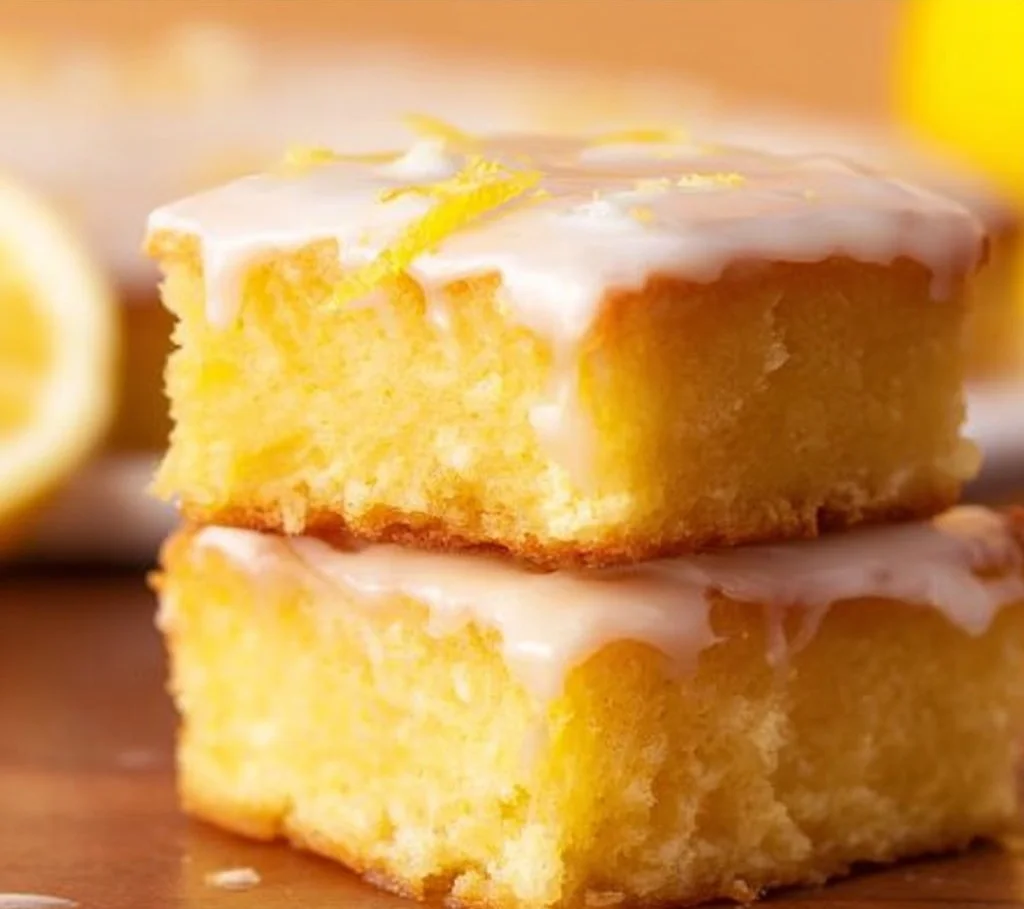 Delicious viral lemon brownies with bright yellow frosting and dusting of powdered sugar.