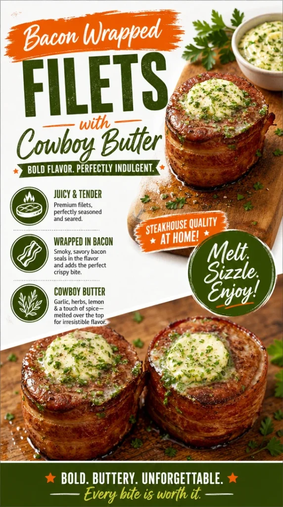 Turkey bacon wrapped filets served with cowboy butter on a plate