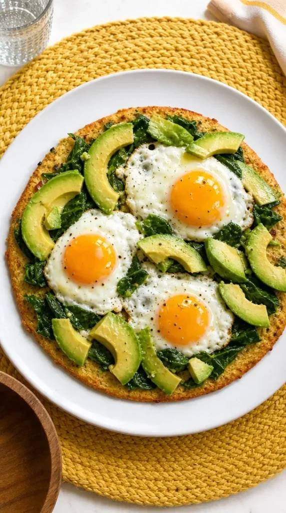 Delicious avocado egg pizza topped with fresh ingredients and herbs