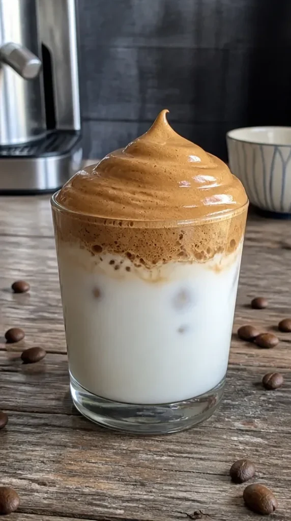 A frothy cup of Keto Dalgona Coffee topped with cocoa powder