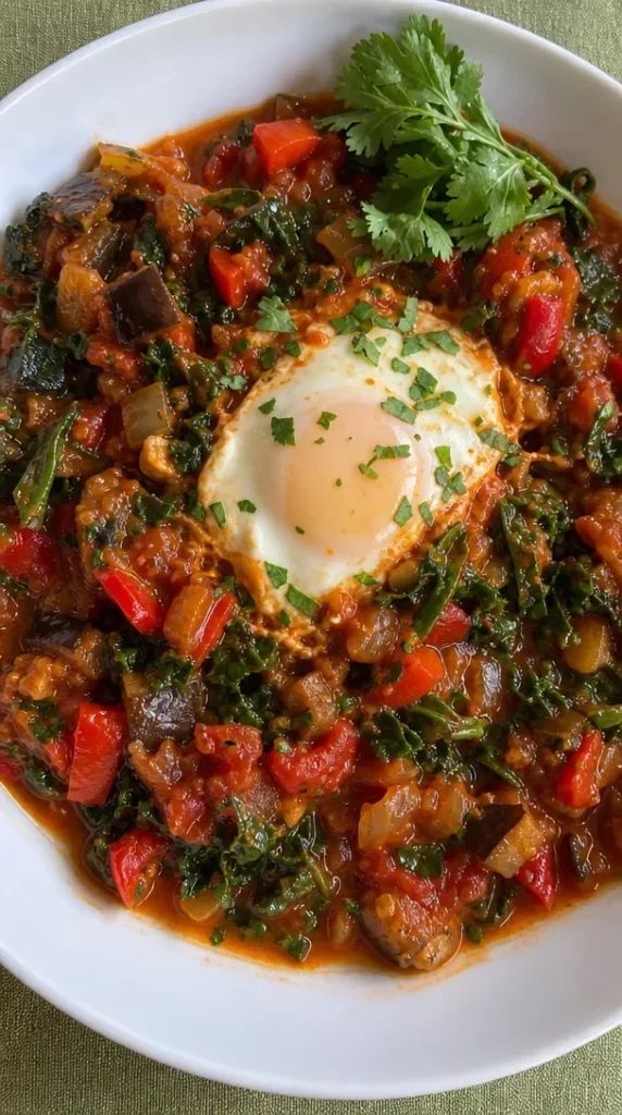 Spicy Greens and Roasted Red Pepper Shakshuka