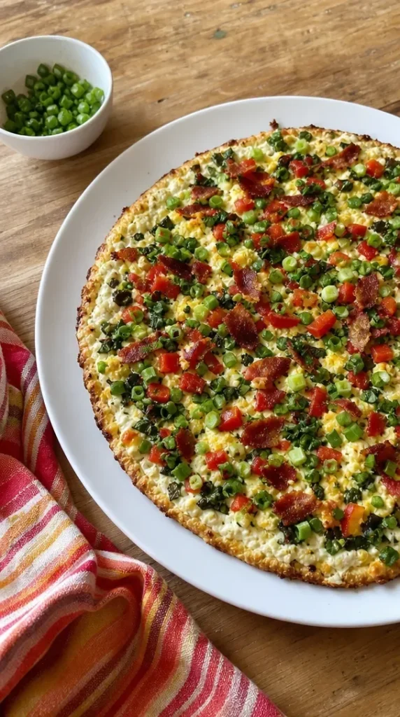 Delicious breakfast pizza topped with eggs, cheese, and veggies.