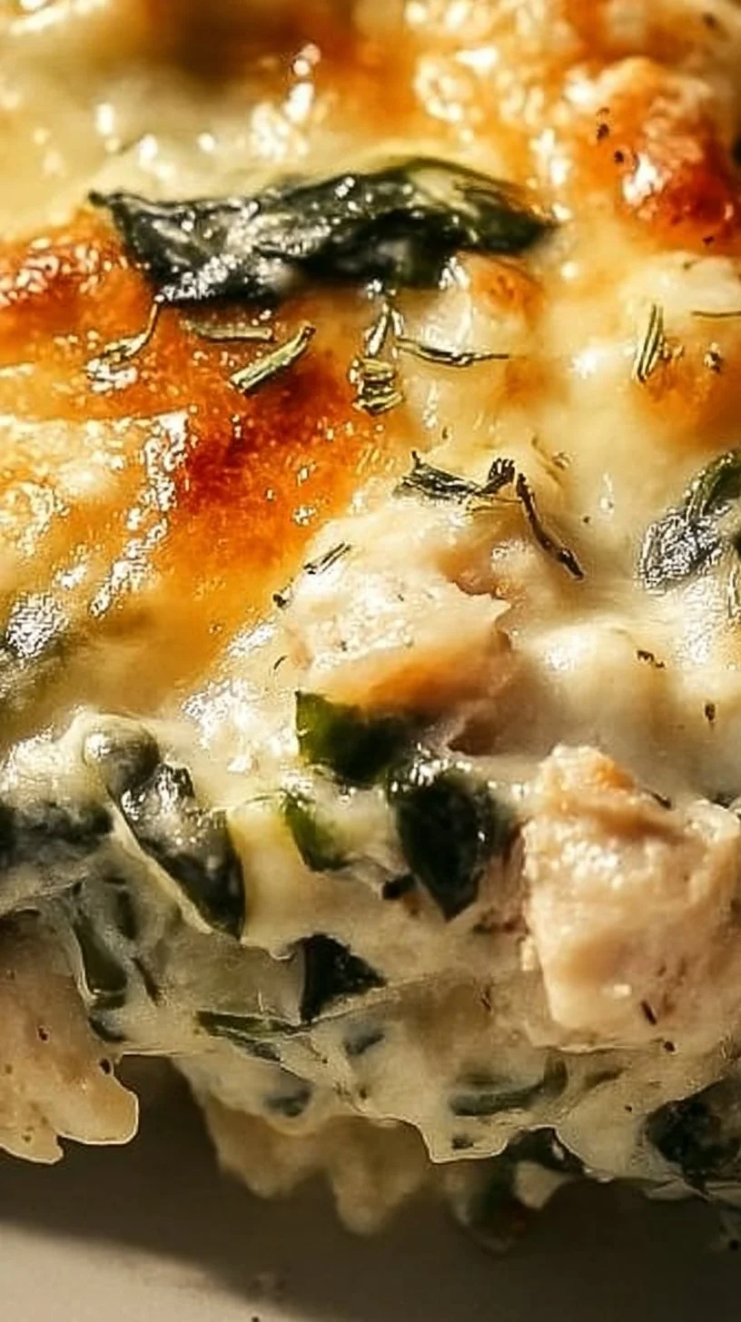 Creamy chicken and spinach casserole dish served in a baking dish
